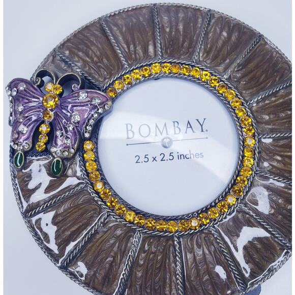 NEW ~ Vtg. BOMBAY Co. Enamel Metal 2.5"X2.5" Picture Frame Butterfly Rhinestones - Picture 4 of 4